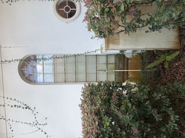Stained white stucco wall with tall arched window before soft washing