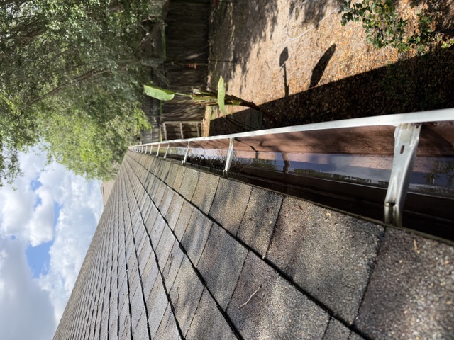 Roof-edge gutter filled with standing water, leaves, and debris before clearing