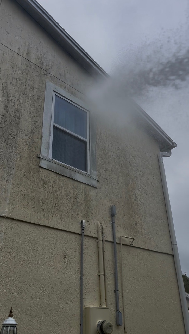 Algae-streaked stucco wall and window before house soft washing